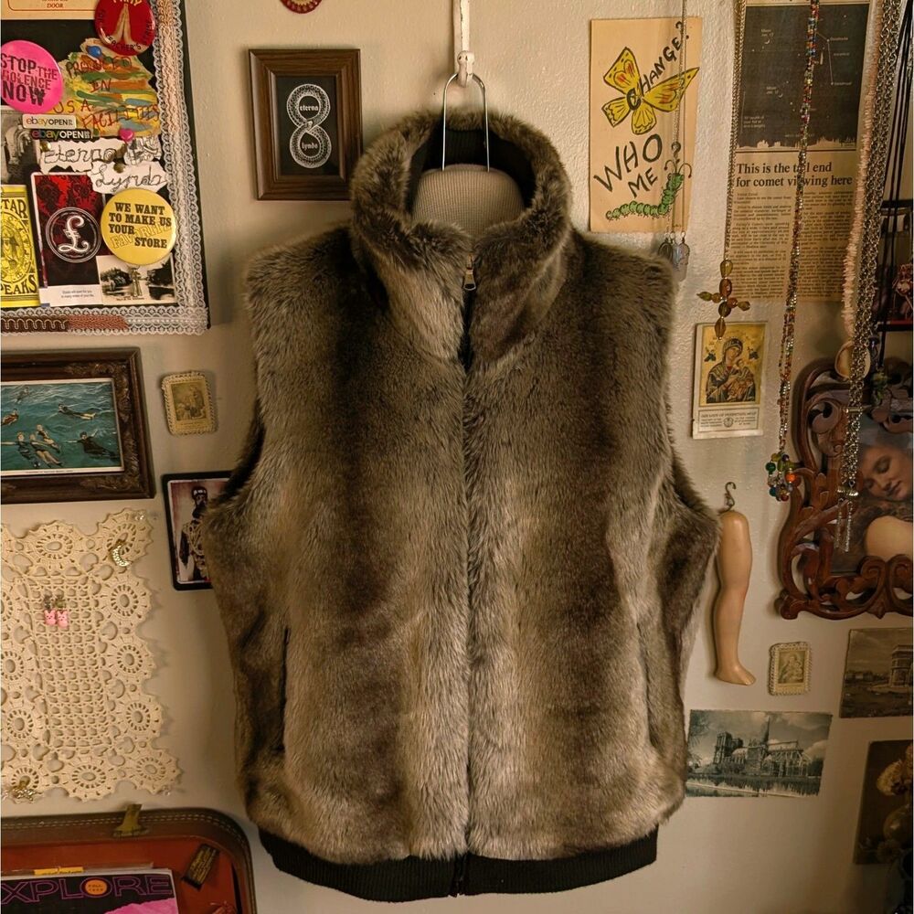 Vintage Faux Fur Zip Up Vest Women's Large Brown